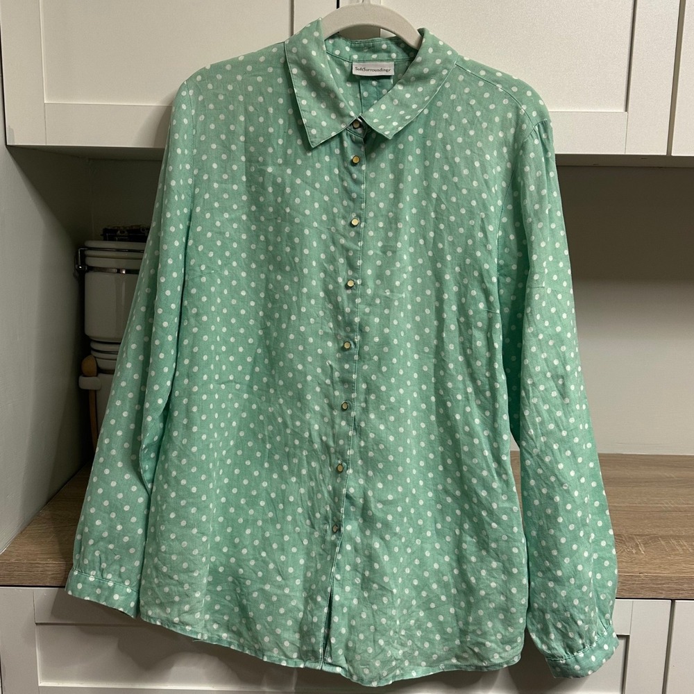 Soft Surroundings Button Down Womens XL Mint Green Polka Dot Linen Shirt Coastal - Picture 2 of 9